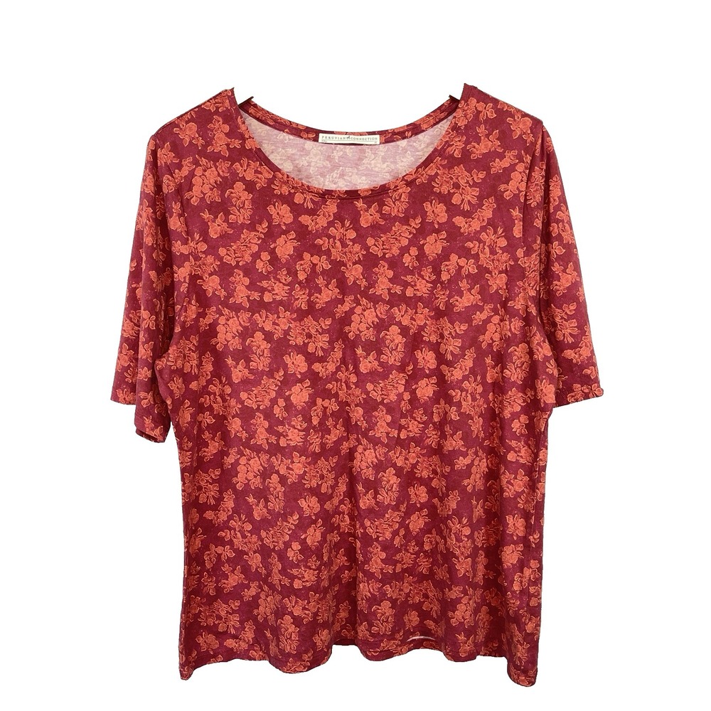 Peruvian Connection Womens Boho Floral Short Sleeve Top XL Burgundy Cottagecore
